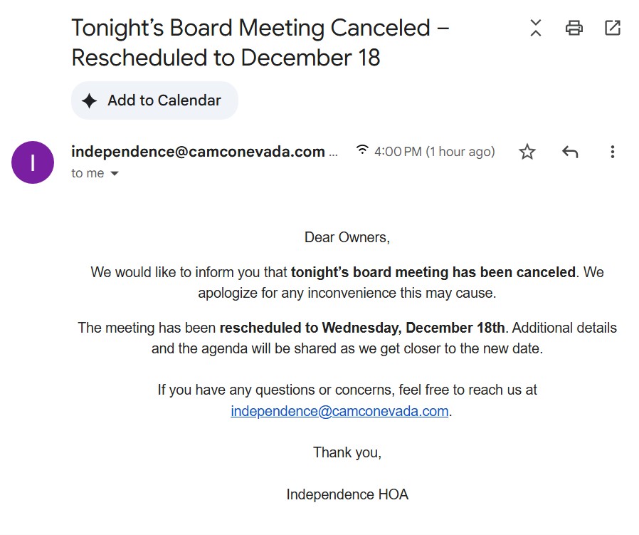 Email from CAMCO Nevada / Independence HoA re: November 20, 2025 meeting cancellation